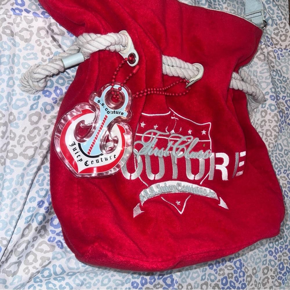 Vintage Red Juicy Couture Purse Tote Bag Handbag Y2K Terry Cloth First Class - Picture 3 of 12